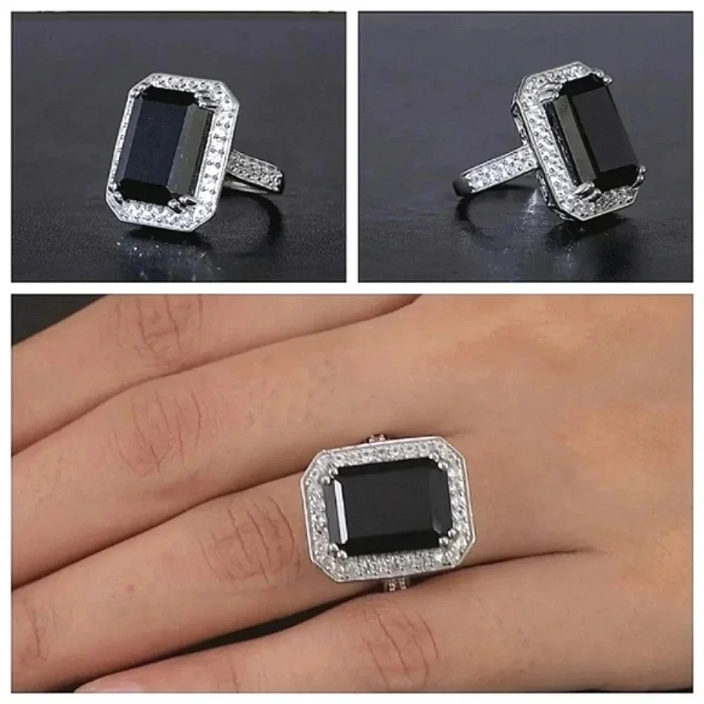 Black Tourmaline and Natural White Zircon Ring in 925 Sterling Silver